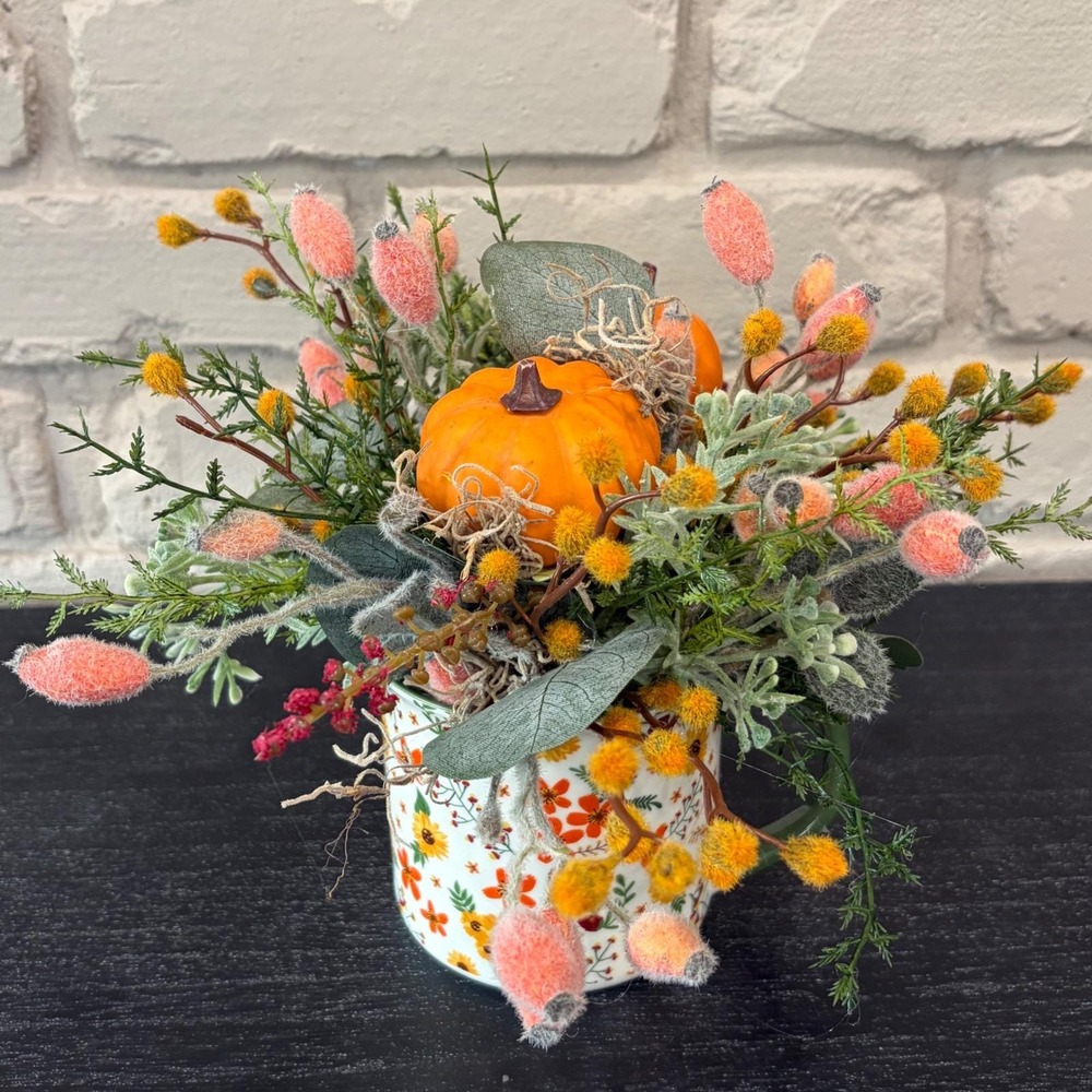 Handmade Fall Pumpkin Floral Arrangement in Sunflower Ceramic Mug Centerpiece